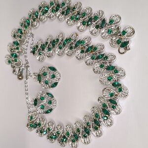 Vintage 60s Dodds Silver & Green Rhinestone Necklace Bracelett Earrings 3pc